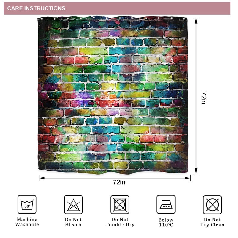 Riyidecor Colorful Graffiti Brick Wall Shower Curtain Hip Hop Multicolor Rainbow Painting Cool Street Fun Aesthetic Decor Fabric Bathroom Polyester Waterproof 72x72 Inch 12-Pack Plastic Hooks WW-VKSU - Image 4